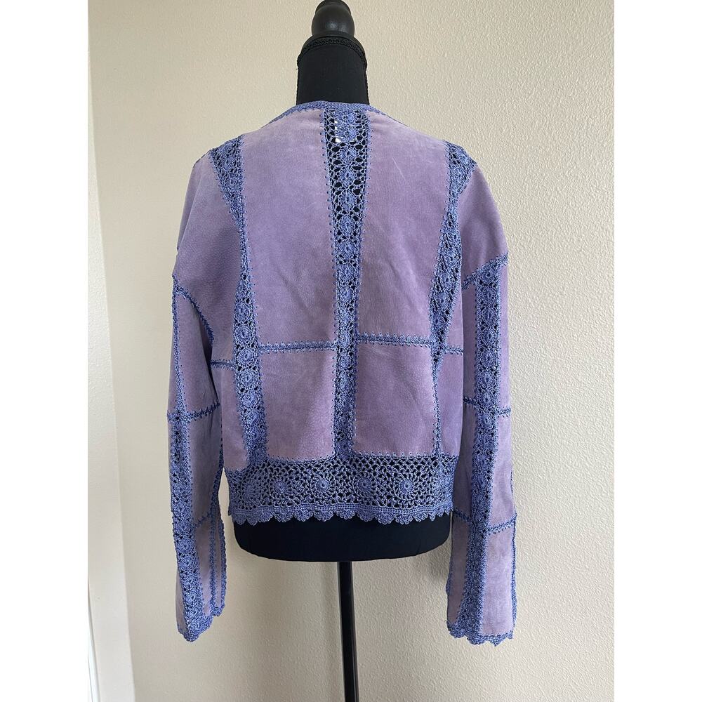 VNTG S.M.H Leather Purple Patchwork Floral Crochet Knit Button Up Jacket Sz XL - Picture 2 of 10